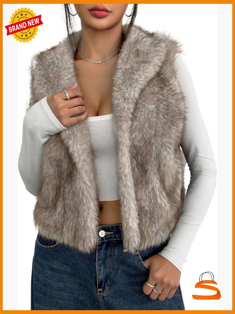 Sleeveless Faux Fur Vest Open Front Cardigan Fluffy Coat Jacket